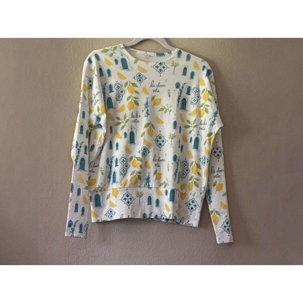 Aleeza Paris La Dolce Vita Lemon Print Crewneck Sweater New